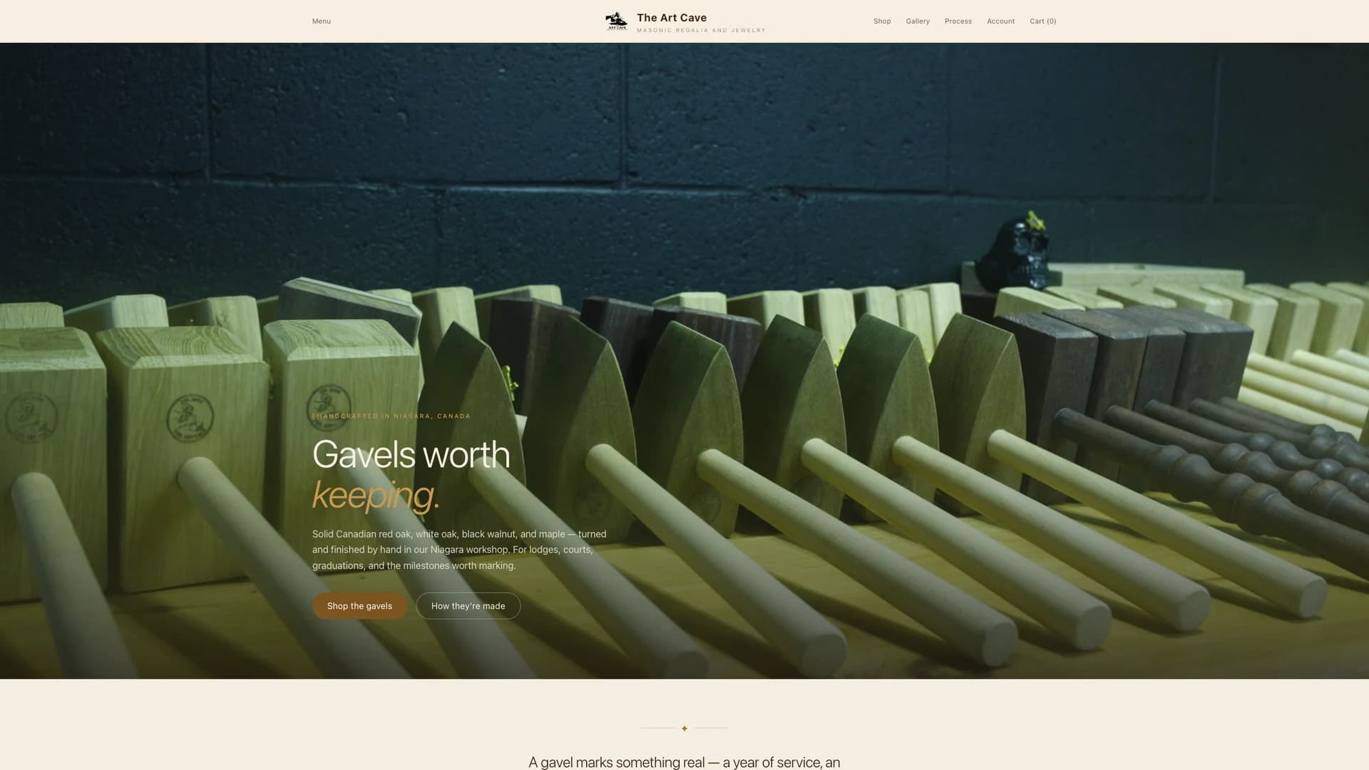 The Art Cave live e-commerce storefront and handcrafted presentation gavels